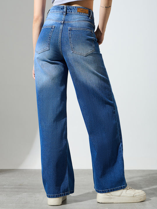 High Waist Butterfly Rhinestone Detail Wide Leg Jeans-Light Blue