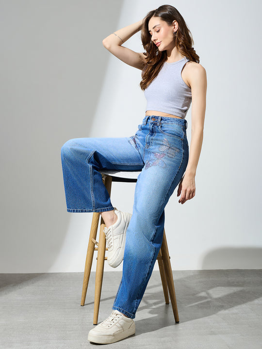 High Waist Butterfly Rhinestone Detail Wide Leg Jeans-Light Blue
