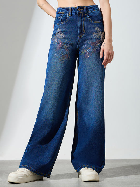 High Waist Butterfly Rhinestone Detail Wide Leg Jeans-Dark Blue