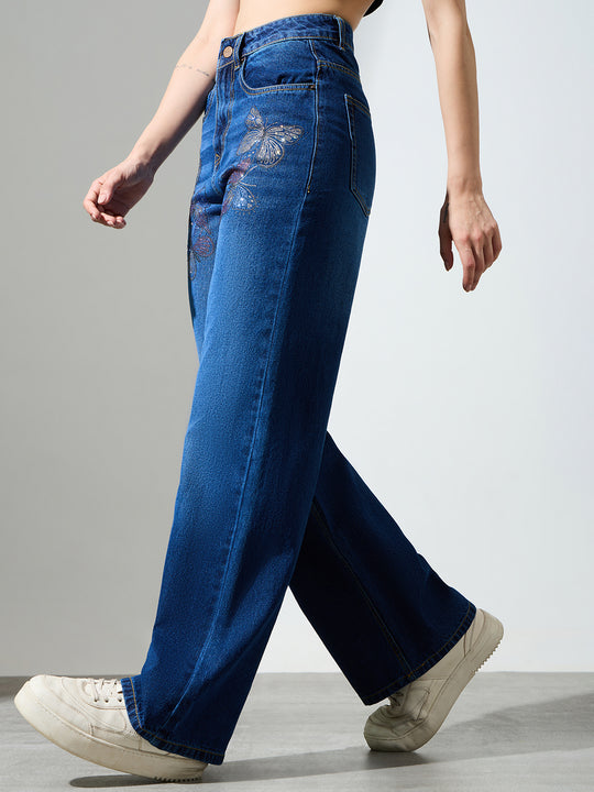 High Waist Butterfly Rhinestone Detail Wide Leg Jeans-Dark Blue