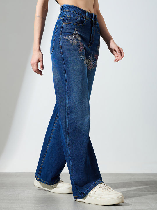 High Waist Butterfly Rhinestone Detail Wide Leg Jeans-Dark Blue