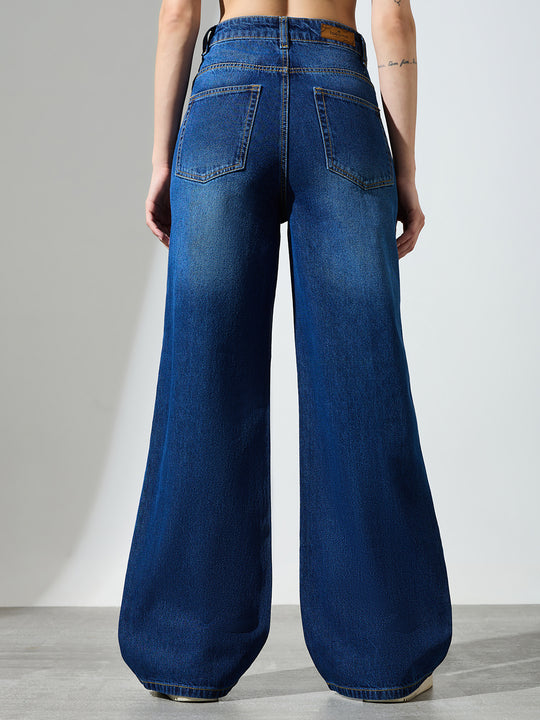 High Waist Butterfly Rhinestone Detail Wide Leg Jeans-Dark Blue
