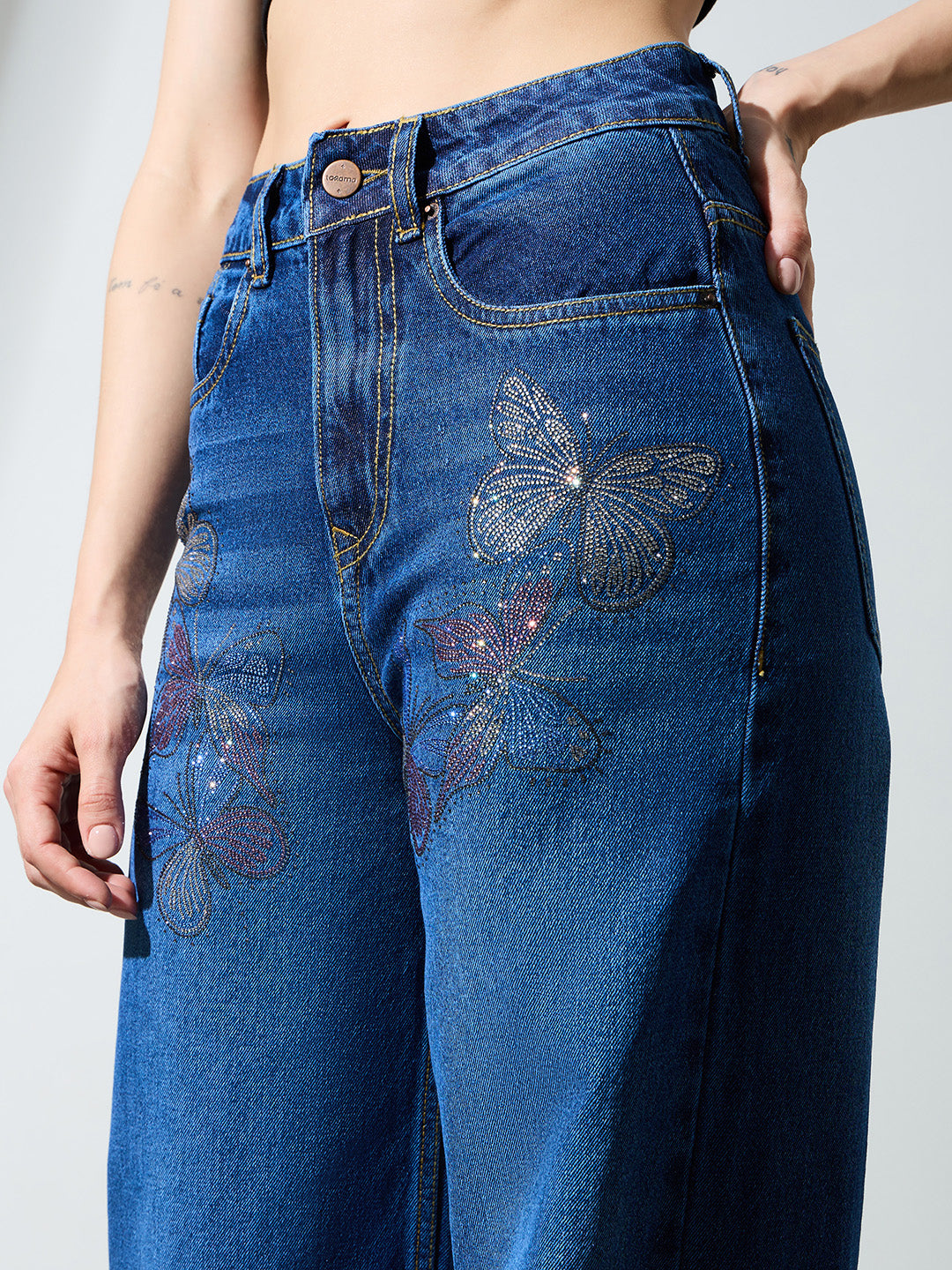 High Waist Butterfly Rhinestone Detail Wide Leg Jeans-Dark Blue