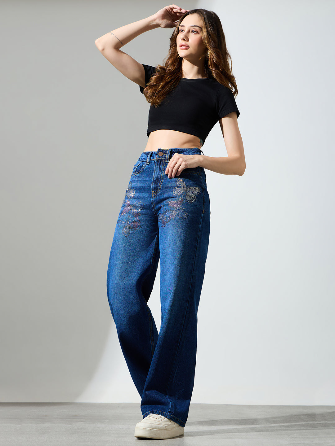 High Waist Butterfly Rhinestone Detail Wide Leg Jeans-Dark Blue