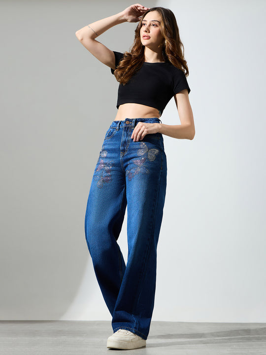 High Waist Butterfly Rhinestone Detail Wide Leg Jeans-Dark Blue