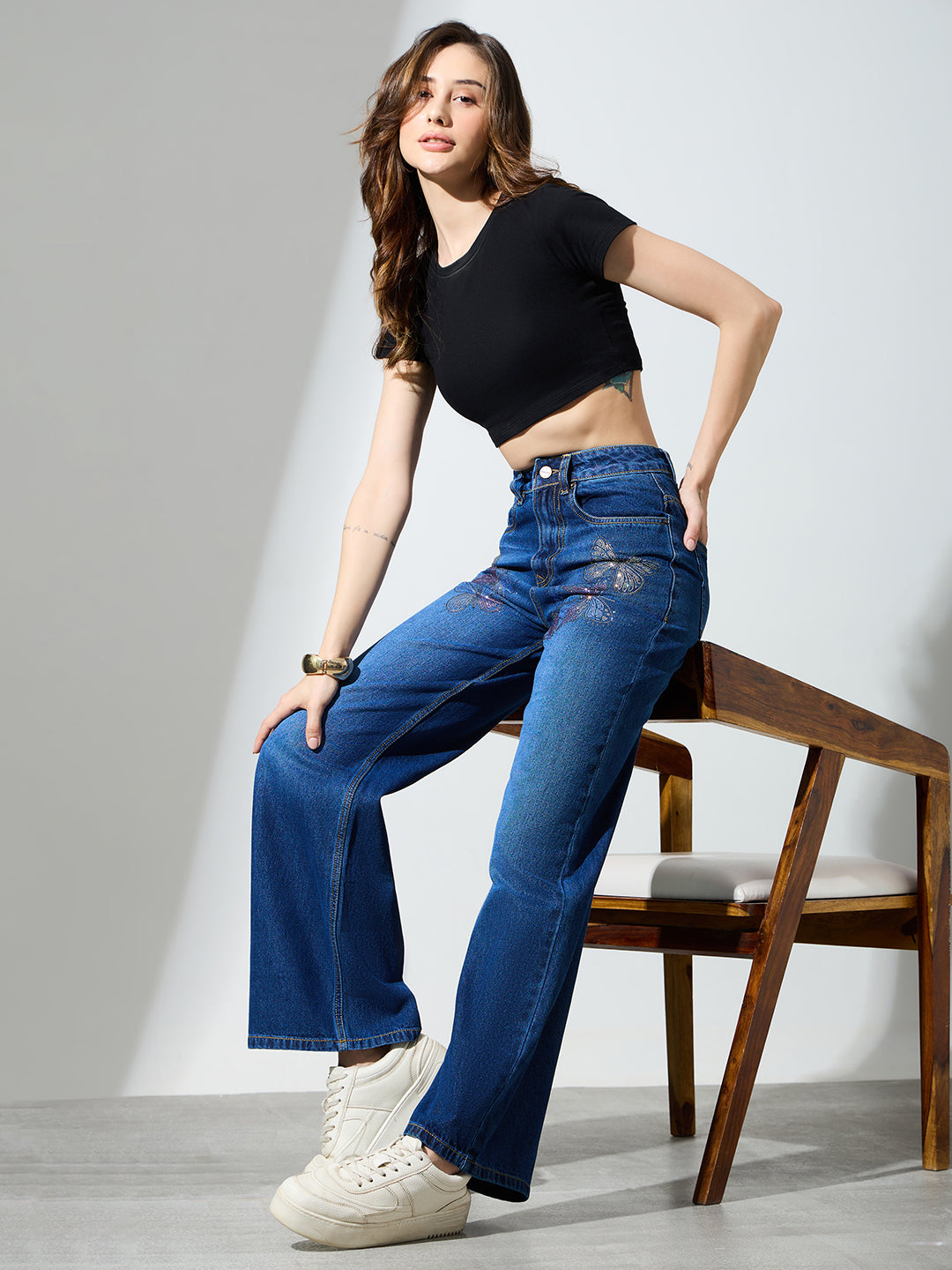 High Waist Butterfly Rhinestone Detail Wide Leg Jeans-Dark Blue