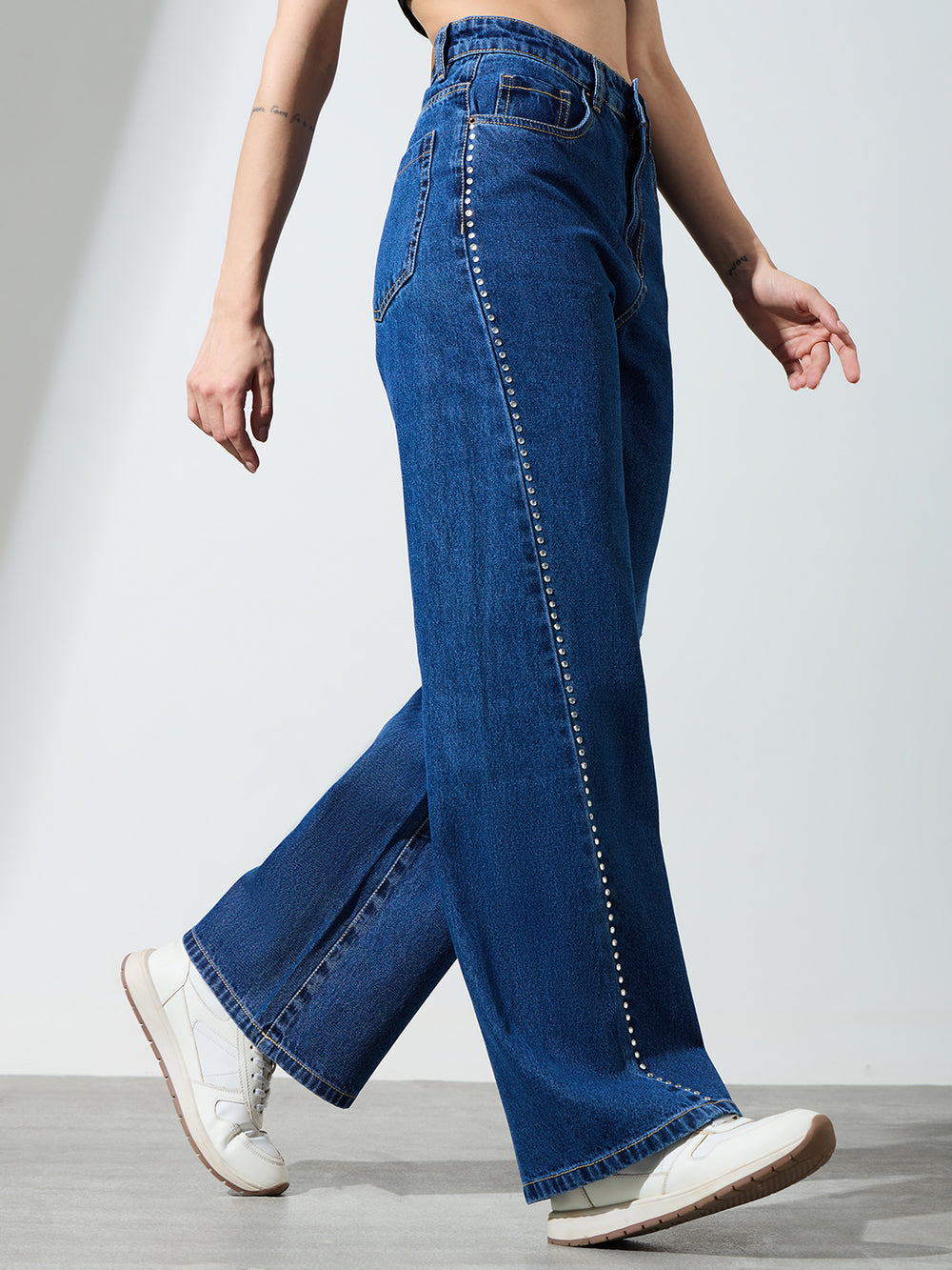 Women’s Blue Wide-Leg Rhinestone Detail Jeans