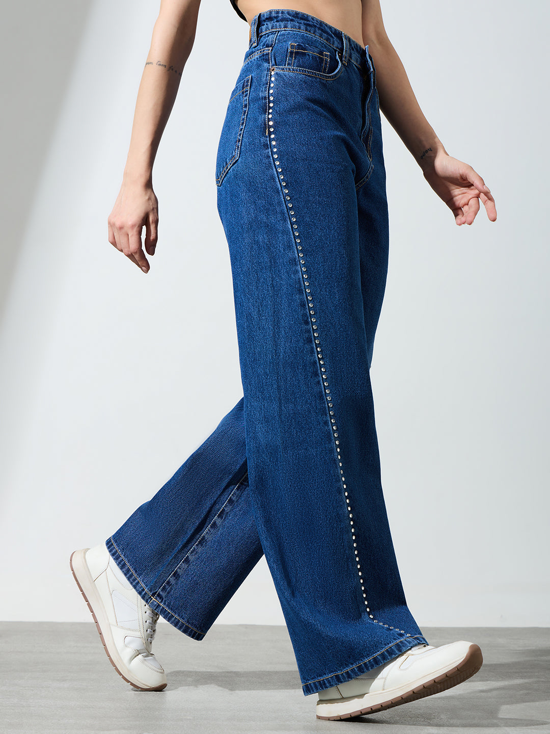 Women’s Blue Wide-Leg Rhinestone Detail Jeans