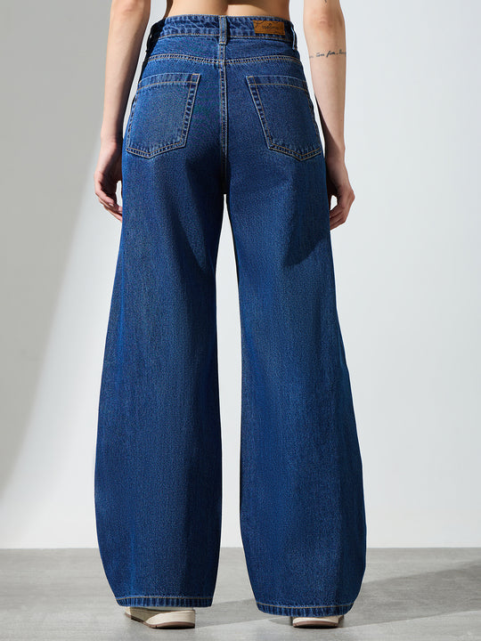 Women’s Blue Wide-Leg Rhinestone Detail Jeans