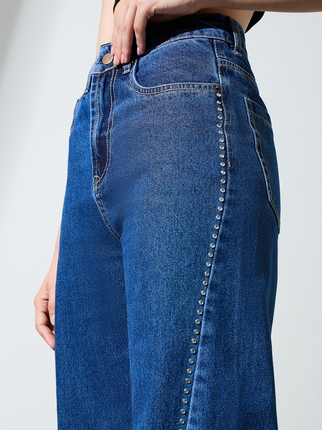 Women’s Blue Wide-Leg Rhinestone Detail Jeans