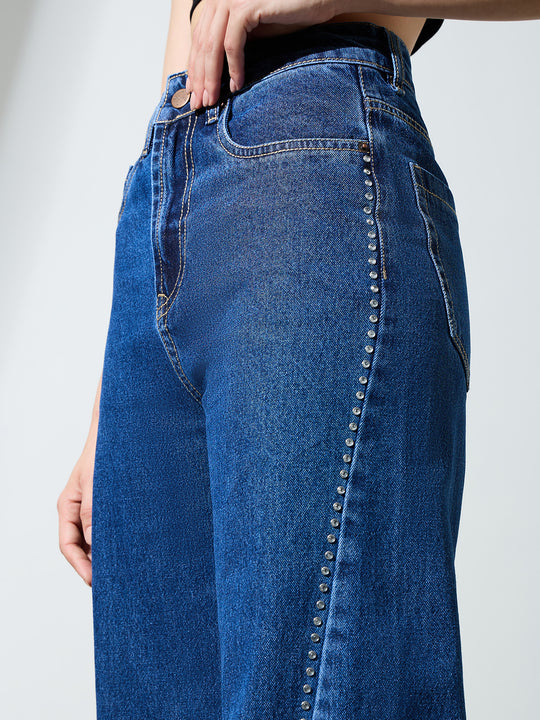 Women’s Blue Wide-Leg Rhinestone Detail Jeans