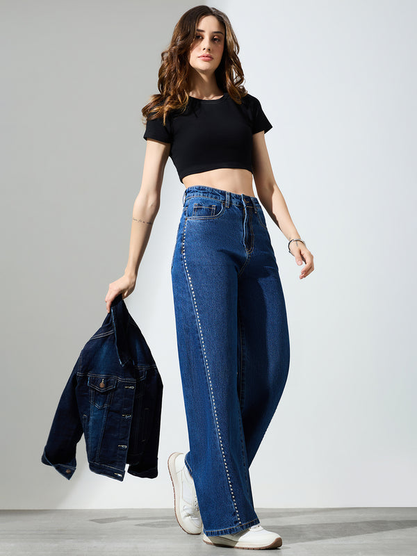 Women’s Blue Wide-Leg Rhinestone Detail Jeans
