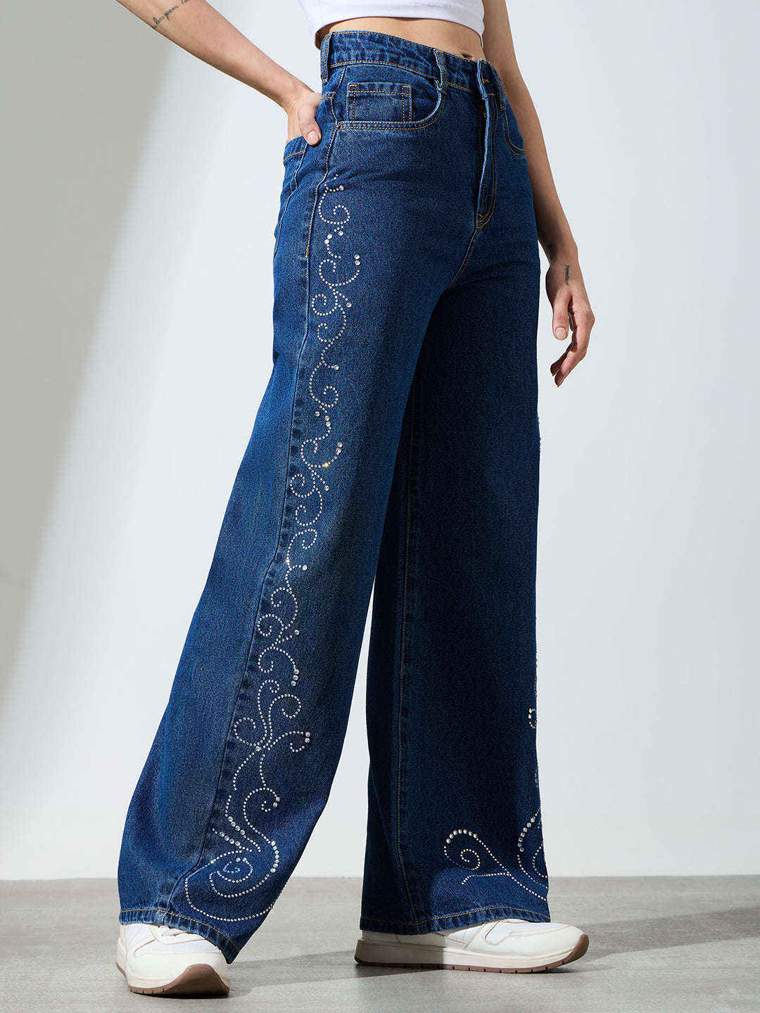 Women High-Rise Rhinestone Embellished Wide-Leg Jeans