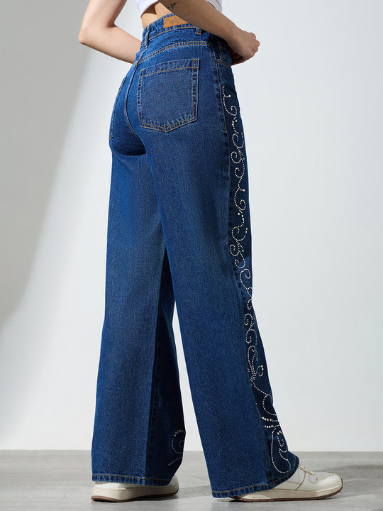 Women High-Rise Rhinestone Embellished Wide-Leg Jeans