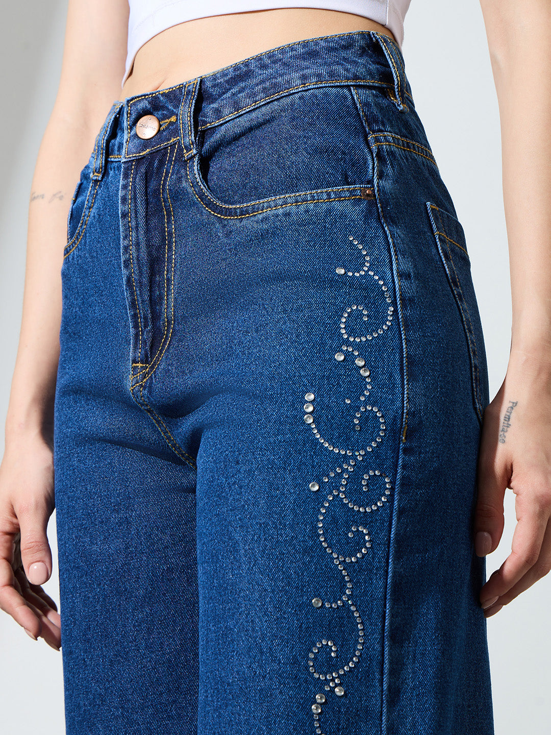 Women High-Rise Rhinestone Embellished Wide-Leg Jeans