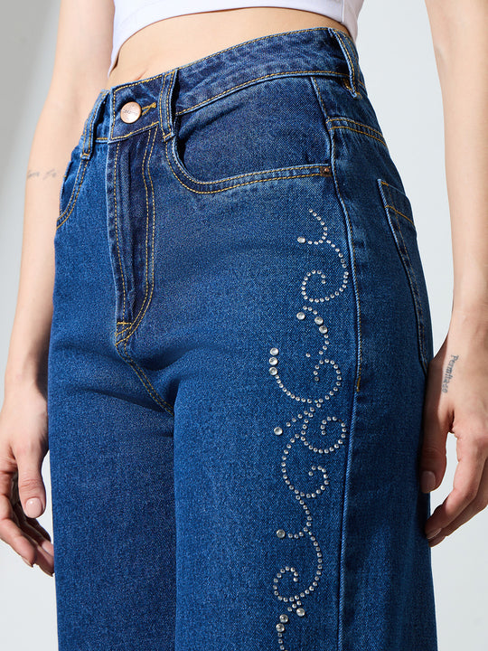 Women High-Rise Rhinestone Embellished Wide-Leg Jeans