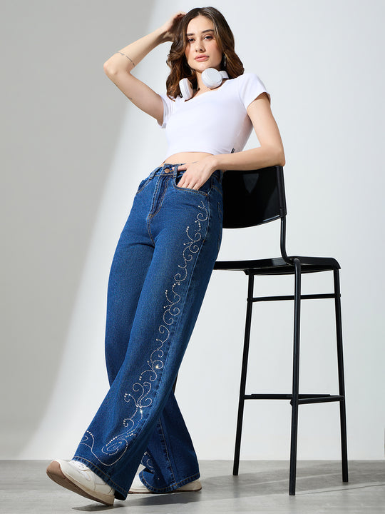 Women High-Rise Rhinestone Embellished Wide-Leg Jeans
