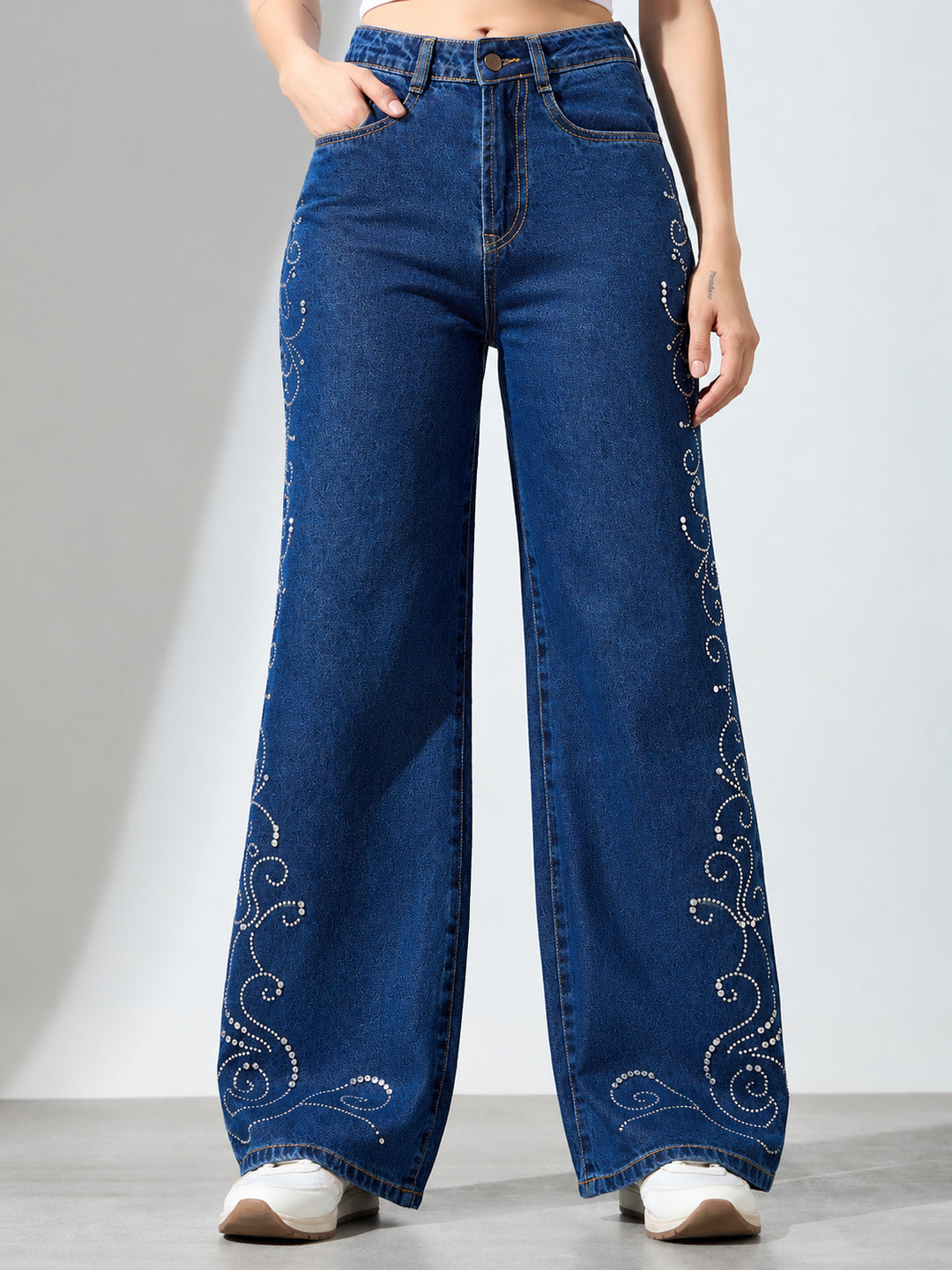 Women High-Rise Rhinestone Embellished Wide-Leg Jeans