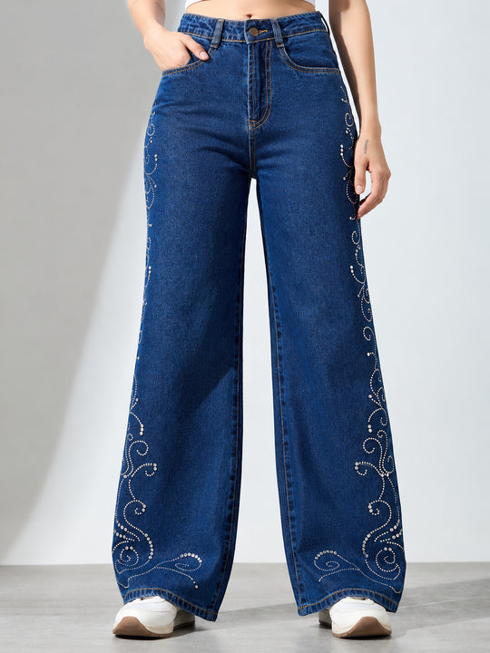 Women High-Rise Rhinestone Embellished Wide-Leg Jeans