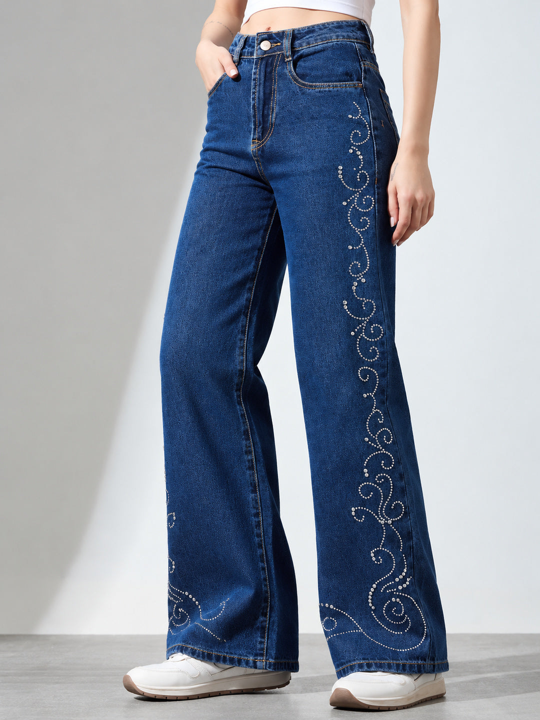 Women High-Rise Rhinestone Embellished Wide-Leg Jeans