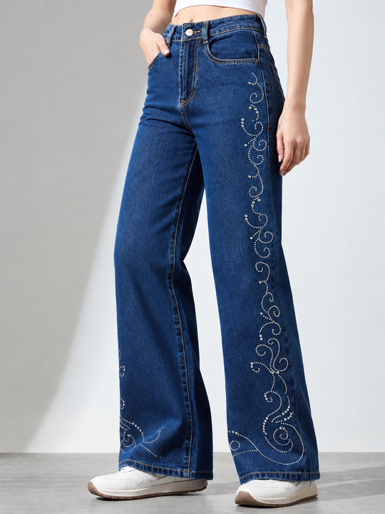 Women High-Rise Rhinestone Embellished Wide-Leg Jeans