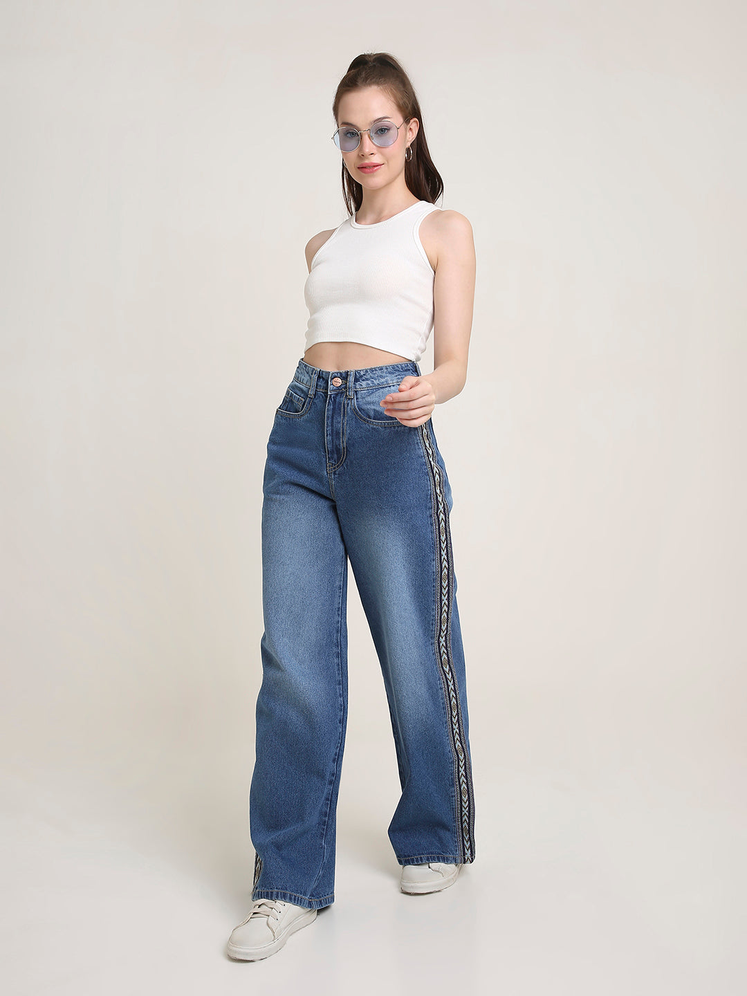 TARAMA JEANS Women High-Rise Wide Leg Denim Jeans with Aztec Side Tape Detail