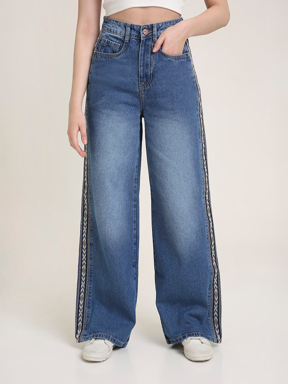 TARAMA JEANS Women High-Rise Wide Leg Denim Jeans with Aztec Side Tape Detail