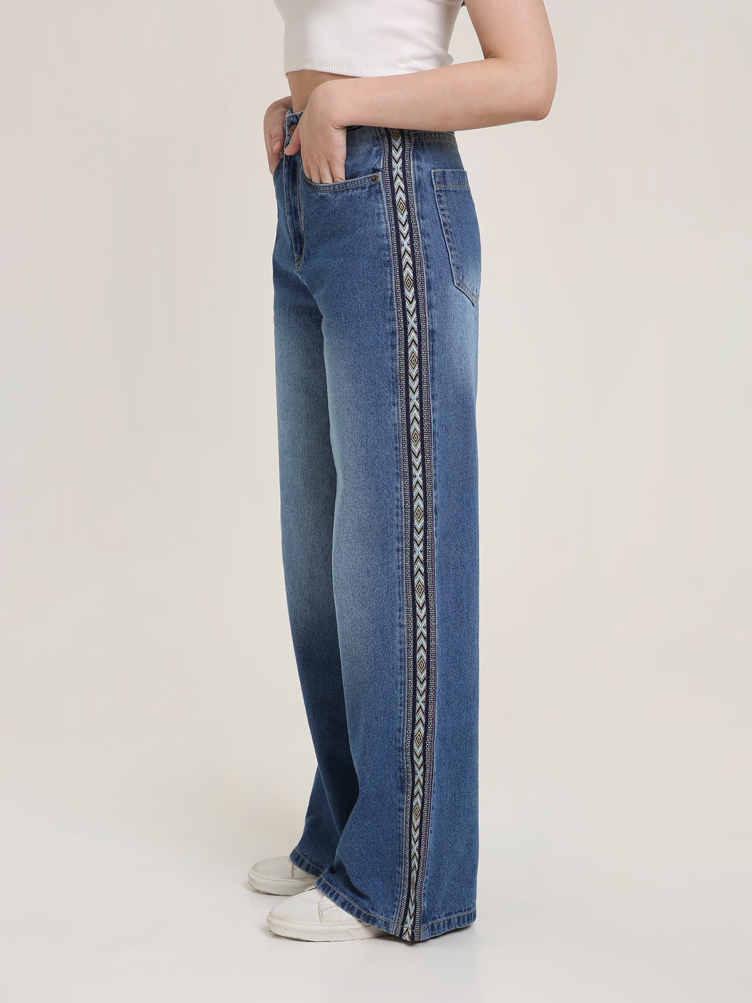 TARAMA JEANS Women High-Rise Wide Leg Denim Jeans with Aztec Side Tape Detail