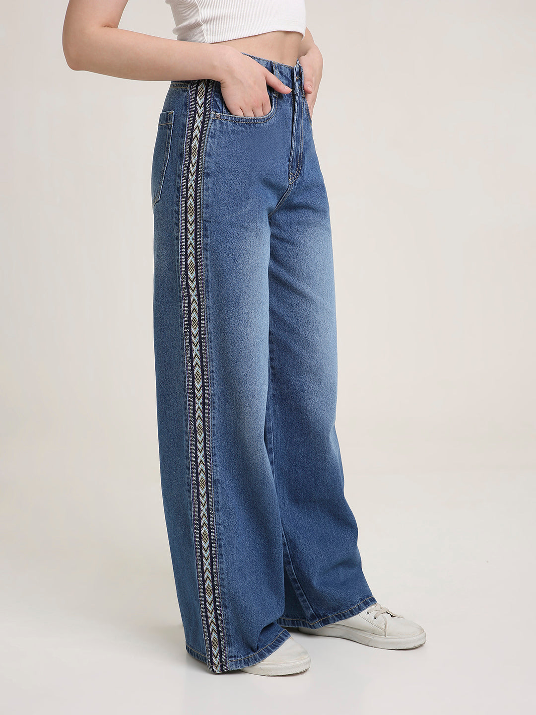 TARAMA JEANS Women High-Rise Wide Leg Denim Jeans with Aztec Side Tape Detail