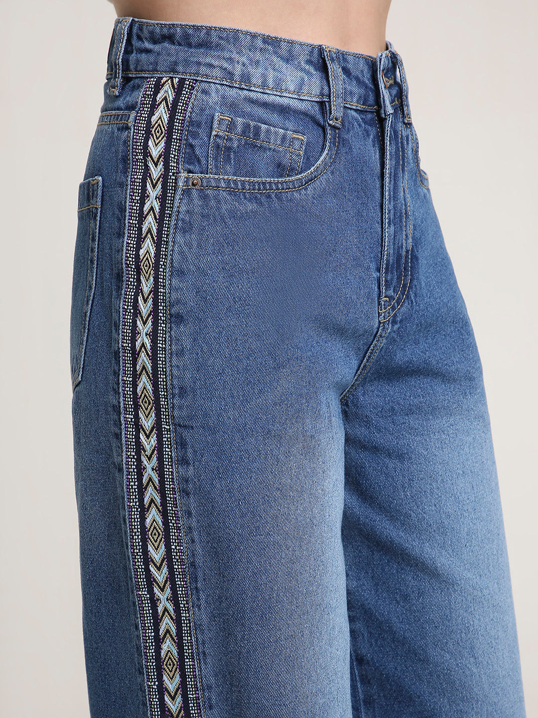 TARAMA JEANS Women High-Rise Wide Leg Denim Jeans with Aztec Side Tape Detail