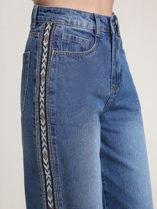 TARAMA JEANS Women High-Rise Wide Leg Denim Jeans with Aztec Side Tape Detail