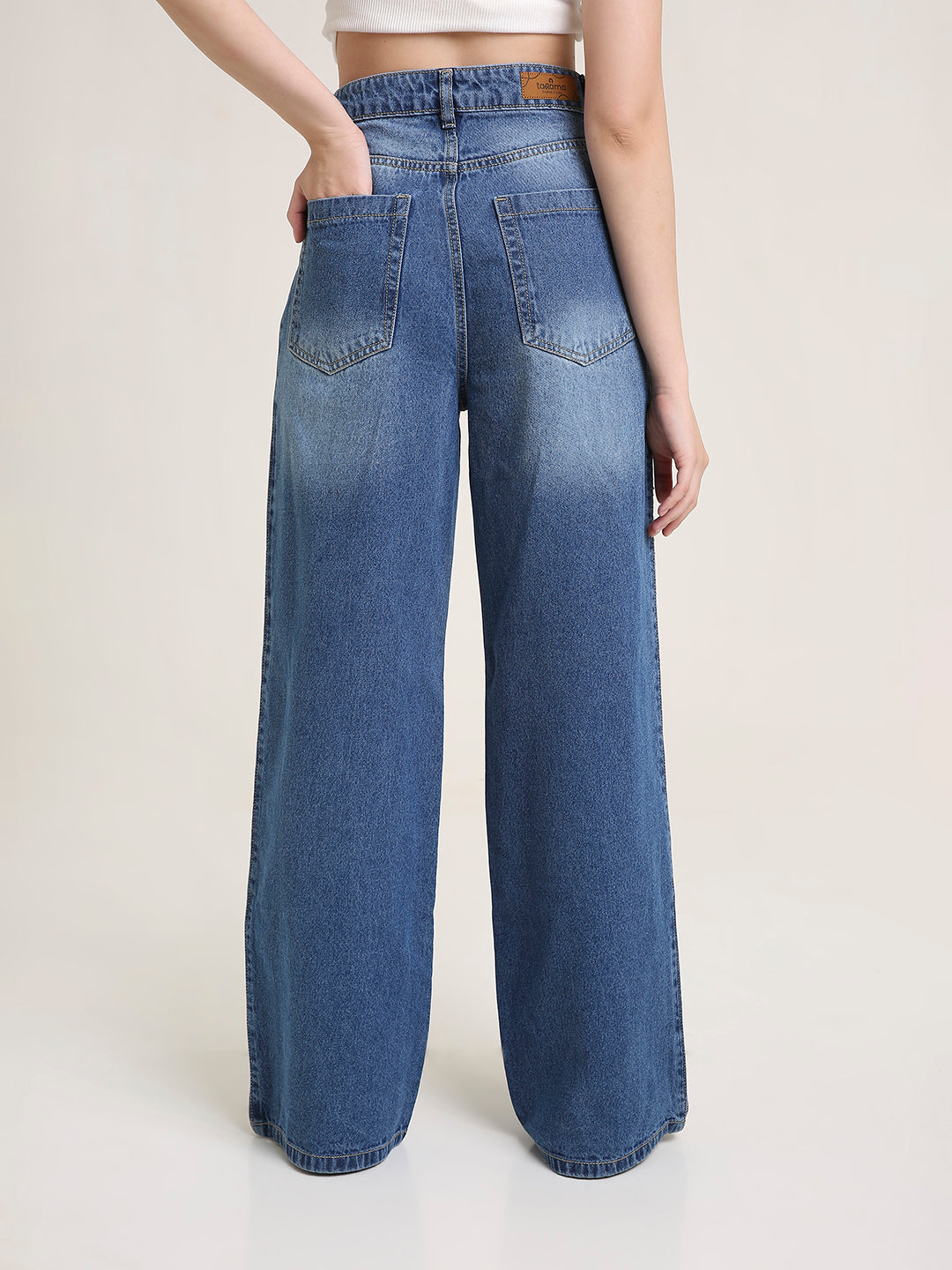 TARAMA JEANS Women High-Rise Wide Leg Denim Jeans with Aztec Side Tape Detail