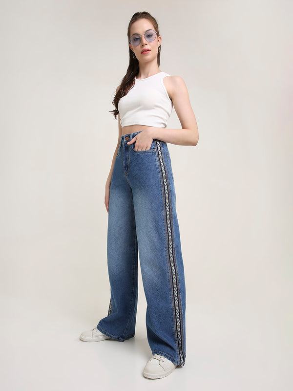 TARAMA JEANS Women High-Rise Wide Leg Denim Jeans with Aztec Side Tape Detail