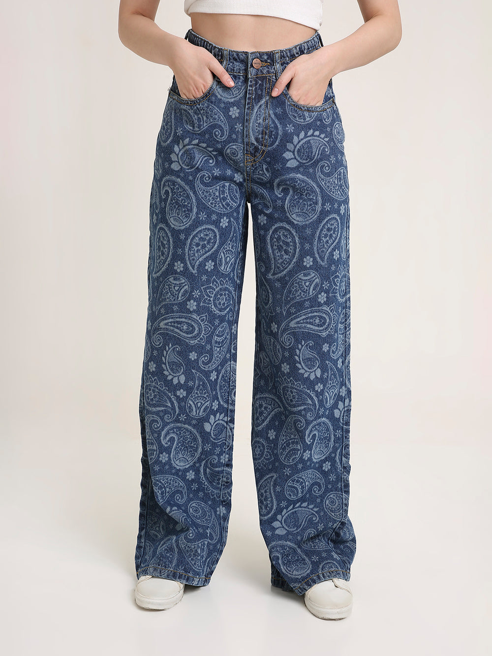 TARAMA High Waist Wide Leg Jeans with Paisley laser Engraved Print