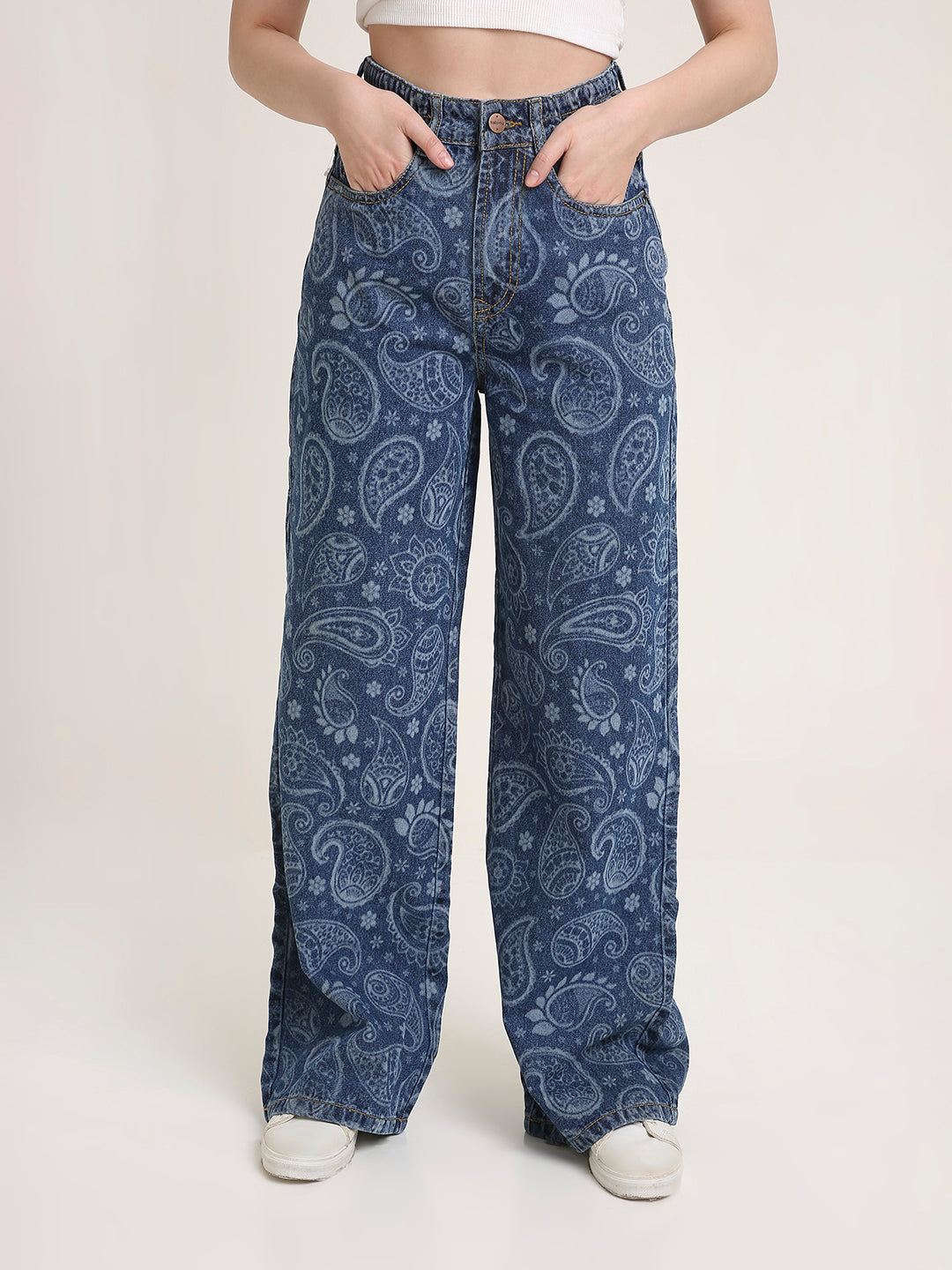TARAMA High Waist Wide Leg Jeans with Paisley laser Engraved Print