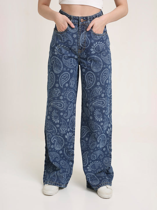 TARAMA High Waist Wide Leg Jeans with Paisley laser Engraved Print
