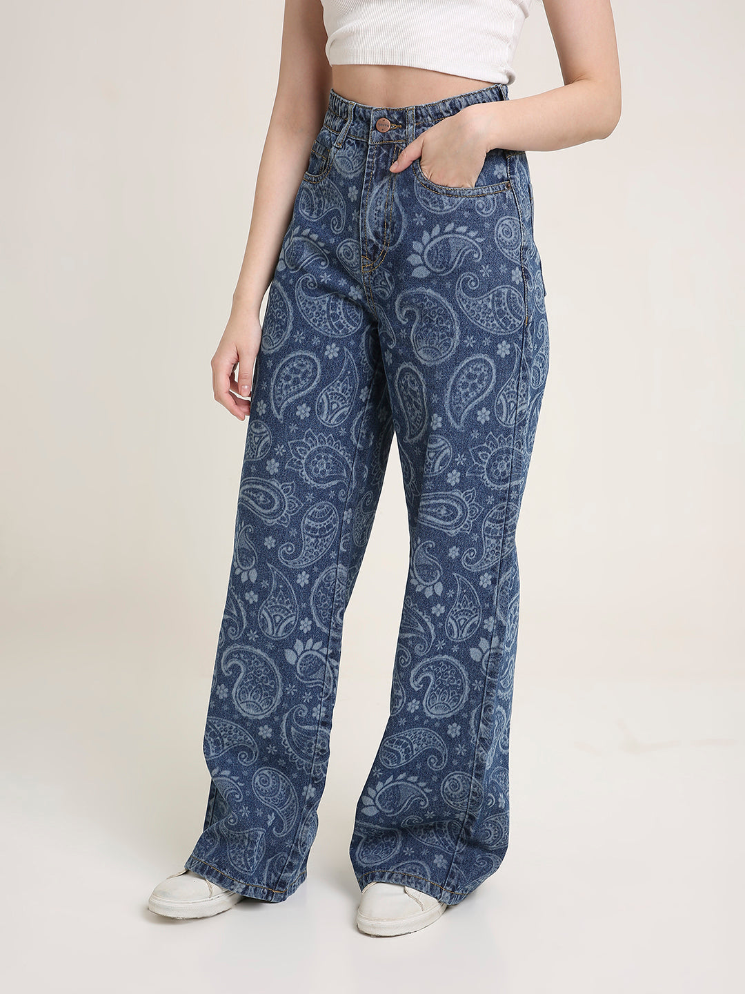 TARAMA High Waist Wide Leg Jeans with Paisley laser Engraved Print