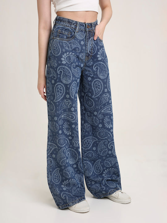 TARAMA High Waist Wide Leg Jeans with Paisley laser Engraved Print