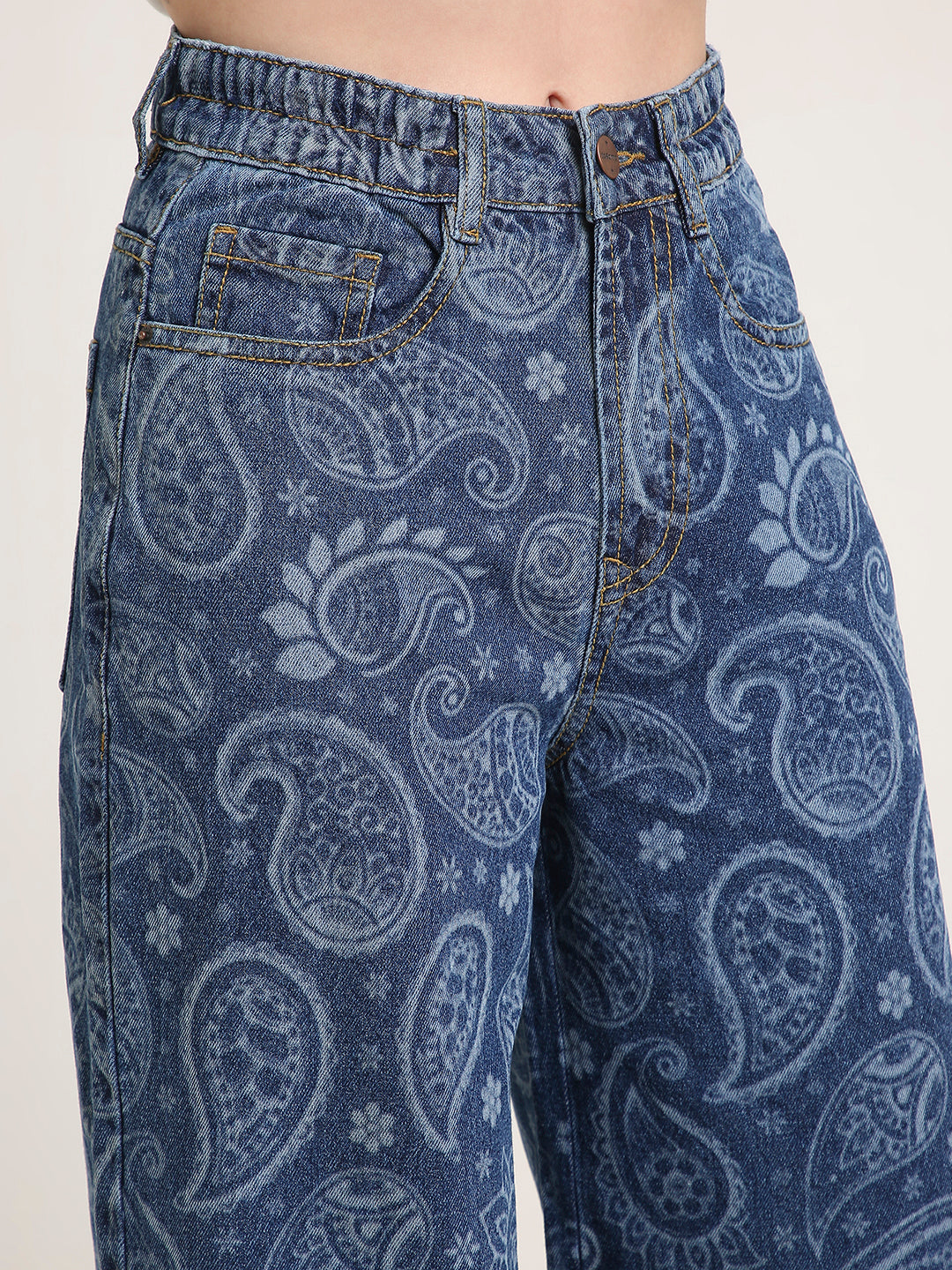 TARAMA High Waist Wide Leg Jeans with Paisley laser Engraved Print