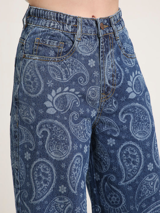TARAMA High Waist Wide Leg Jeans with Paisley laser Engraved Print