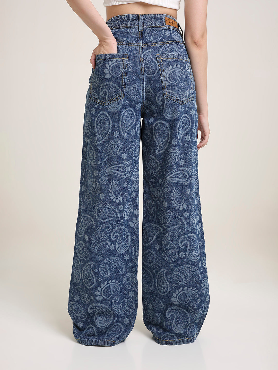 TARAMA High Waist Wide Leg Jeans with Paisley laser Engraved Print