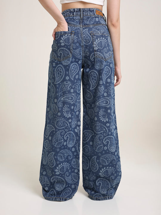 TARAMA High Waist Wide Leg Jeans with Paisley laser Engraved Print