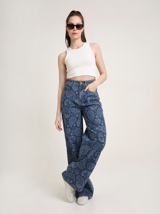 TARAMA High Waist Wide Leg Jeans with Paisley laser Engraved Print