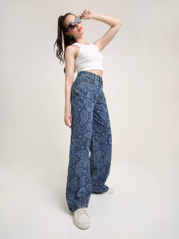 TARAMA High Waist Wide Leg Jeans with Paisley laser Engraved Print