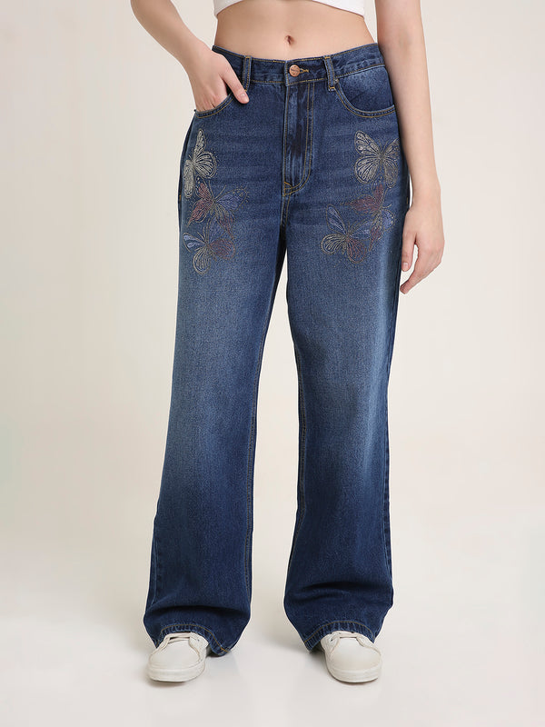 TARAMA Low Waist Wide Leg Jeans with Butterfly Rhinestone Detail