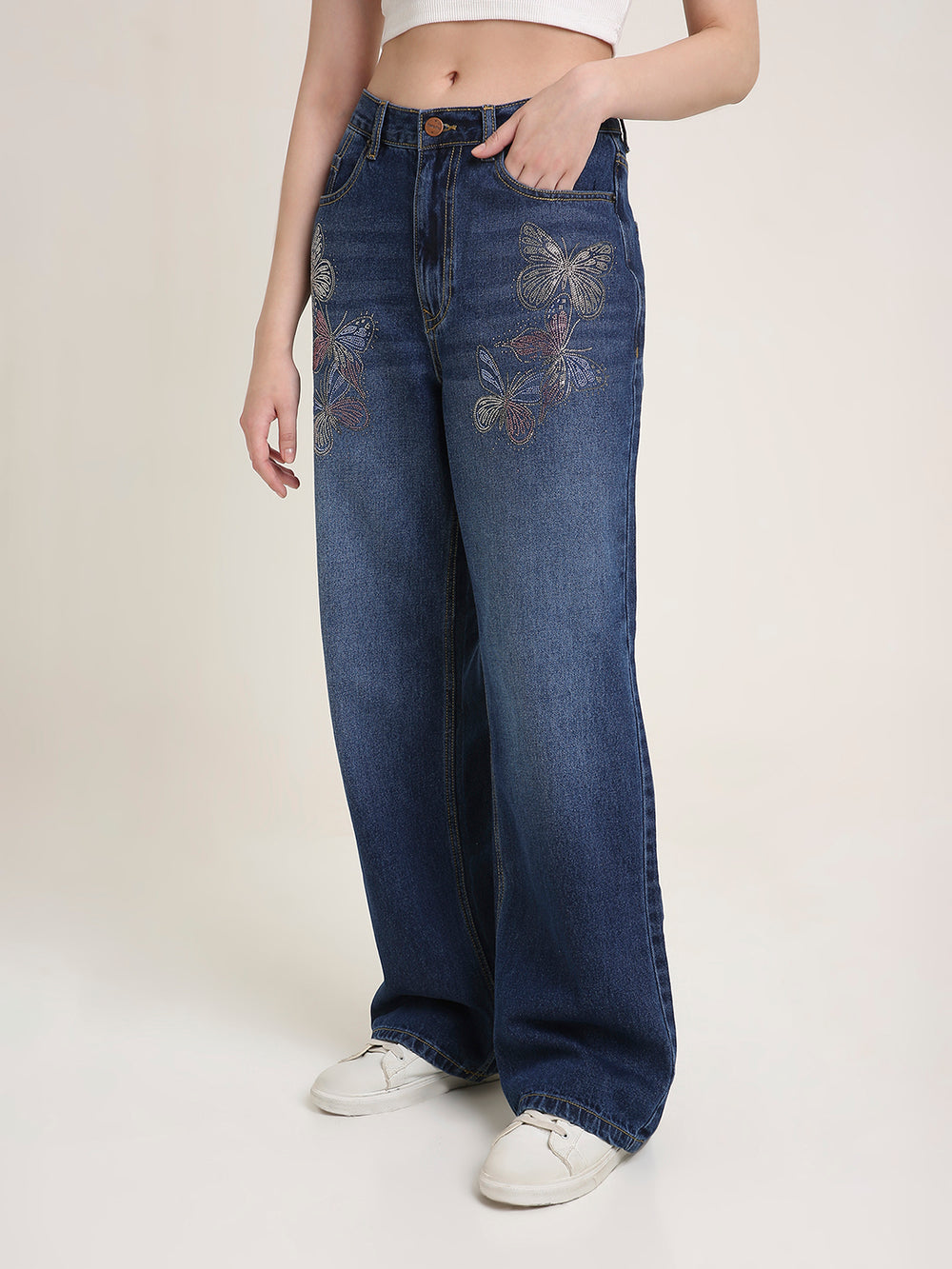 TARAMA Low Waist Wide Leg Jeans with Butterfly Rhinestone Detail