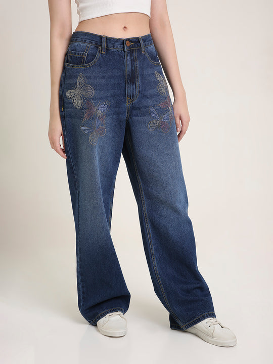 TARAMA Low Waist Wide Leg Jeans with Butterfly Rhinestone Detail