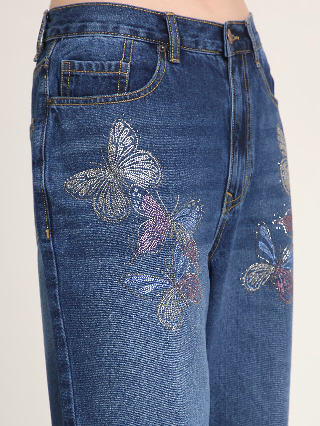 TARAMA Low Waist Wide Leg Jeans with Butterfly Rhinestone Detail