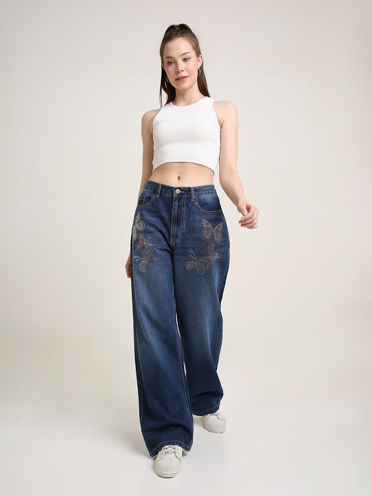 TARAMA Low Waist Wide Leg Jeans with Butterfly Rhinestone Detail