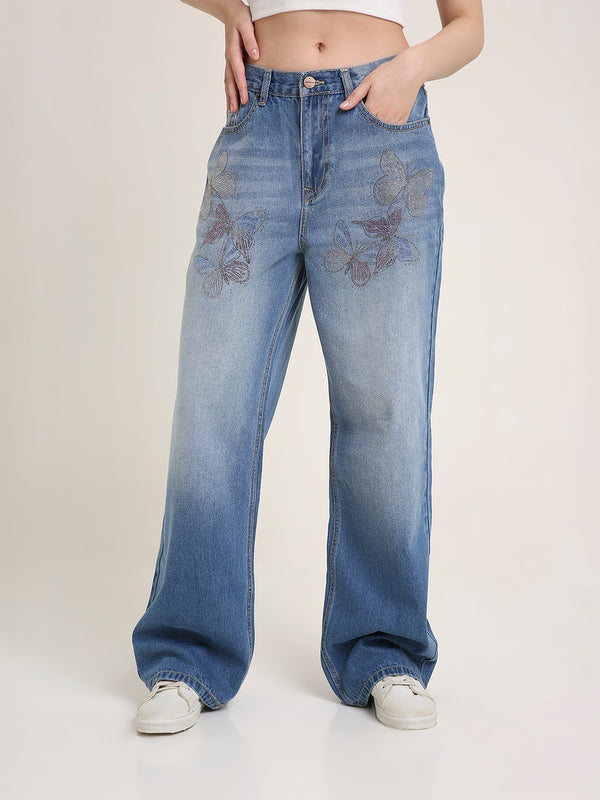 TARAMA Low Waist Wide Leg Jeans with Butterfly Rhinestone Detail